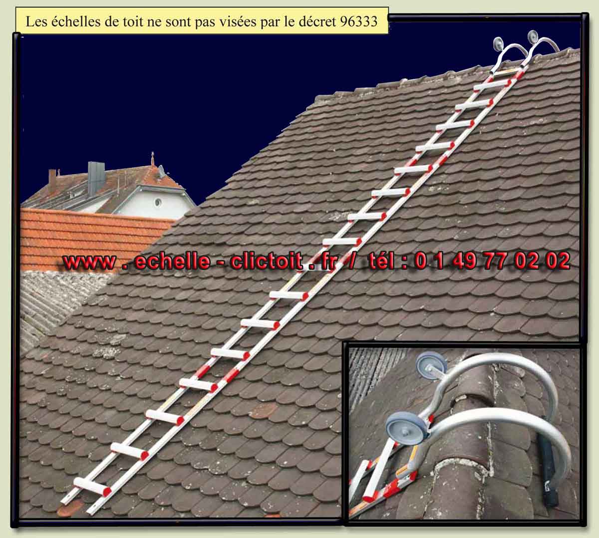 echelle de toit clic-toit en position sur le faîtage de la toiture de tuiles